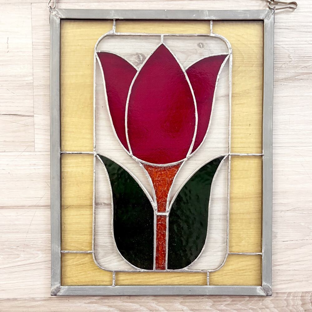 Stained Glass Tulip Floral Handcrafted Art Glass Hanging Sun-catcher Panel VNTG